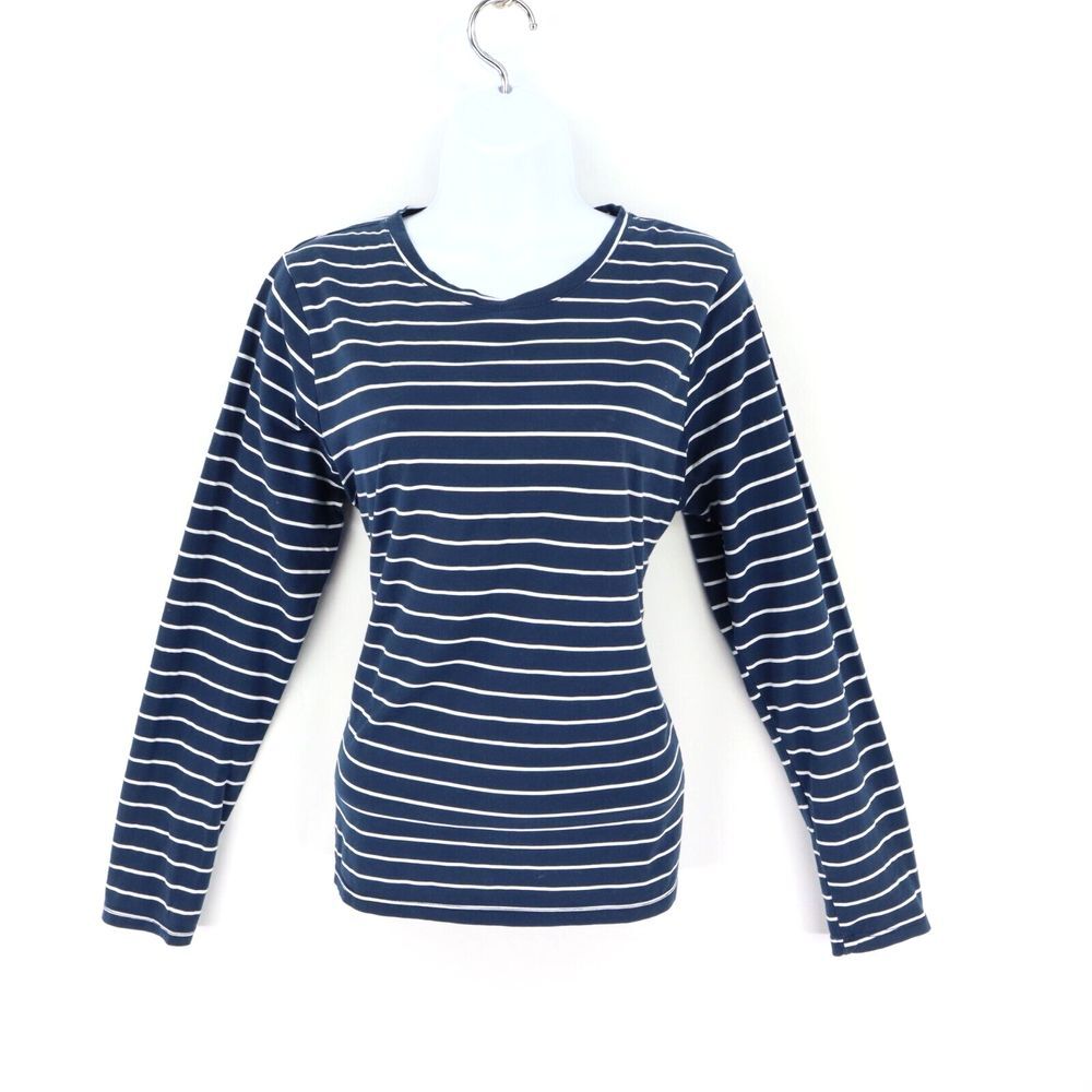 Time And Tru Long Sleeve Shirt Womens L (12-14) Blue White Striped Round Neck